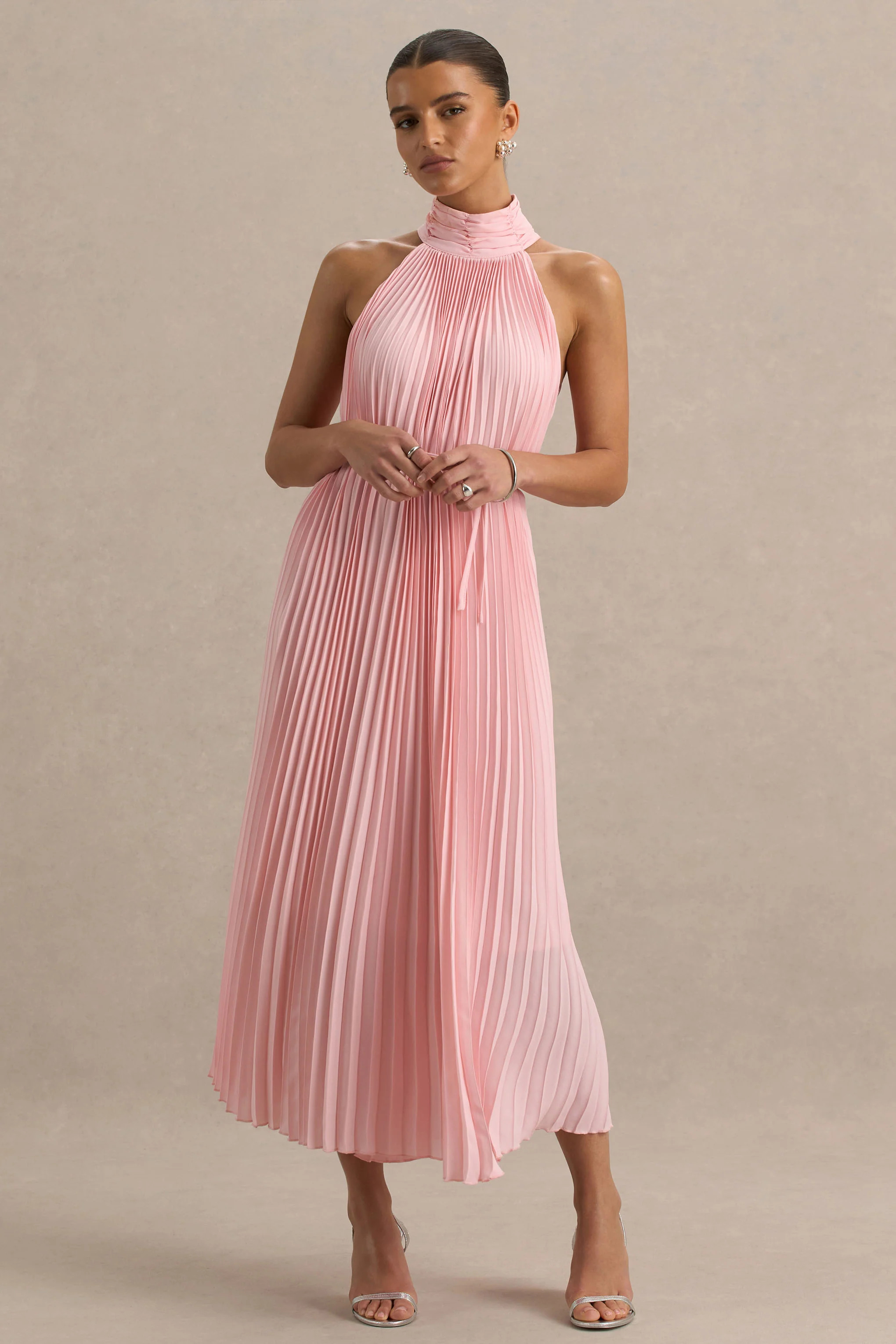 Tulip | Blush Pink Pleated High-Neck Midi Dress | Club L London