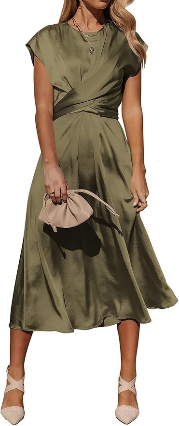 PRETTYGARDEN Women's 2023 Summer Satin Midi Dress Cap Sleeve Tie Waist Elegant A-Line Flowy Dress... | Amazon (US)