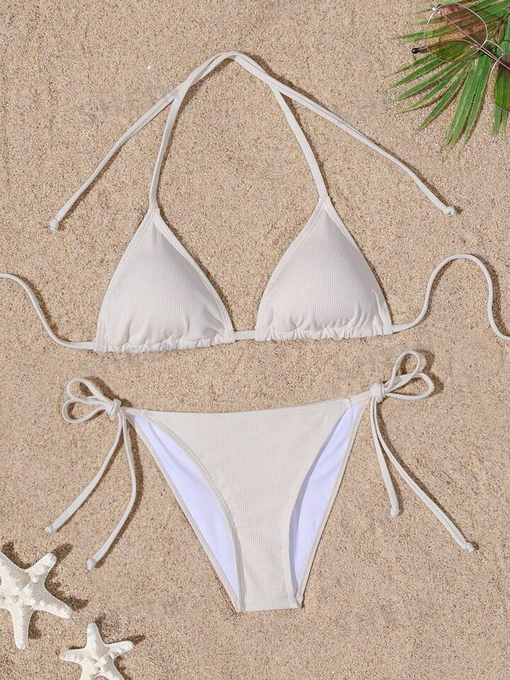 SHEIN Swim Women's Solid Color Halter Neck Strap Sexy Bikini Set For Summer Beach | SHEIN