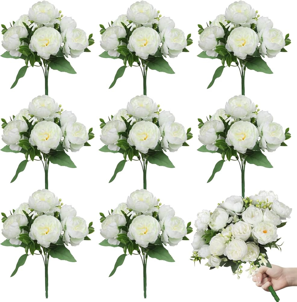 8 Bundles Artificial Peonies Silk Flowers White Faux Peony Bouquet Florals Arrangements Decor for... | Amazon (US)