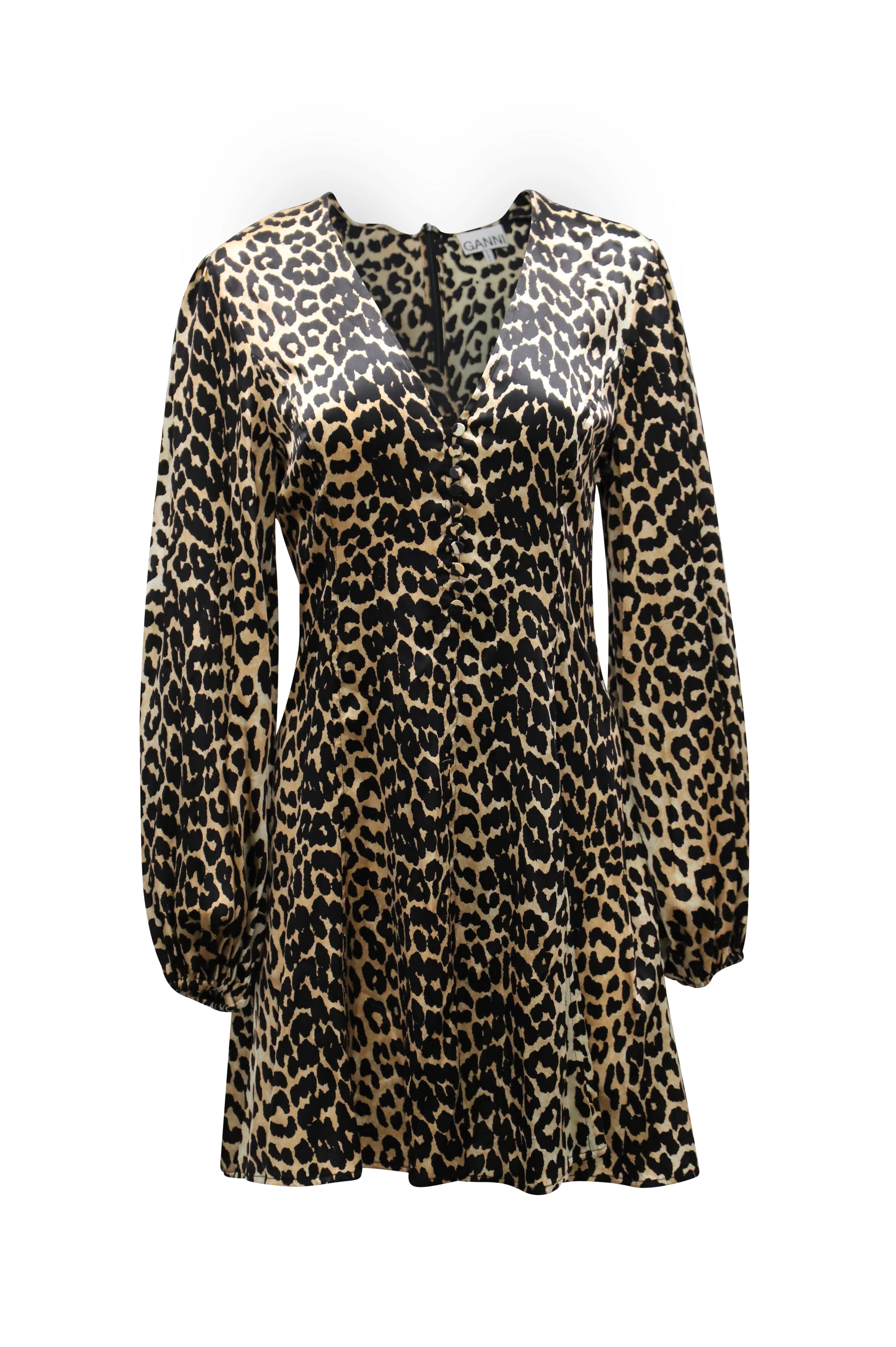 Ganni Blakely Leopard Print Mini Dress in Brown Silk Blend | Shop Simon