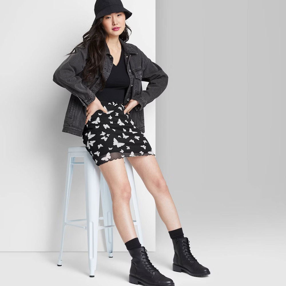 Women's Mesh Bodycon Mini Skirt - Wild Fable Black Butterfly Print XS | Target