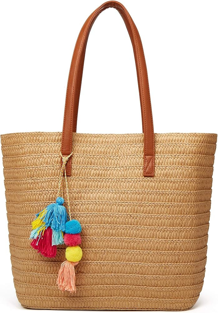 Women Summer Beach Tote Straw Beach Bags Woven Tote Bag Large Straw Bag with Leather handle | Amazon (US)