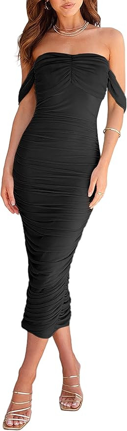 Women's Off Shoulder Ruched Bodycon Midi Dresses Short Sleeve Elegant Cocktail Party Tube Dress | Amazon (US)