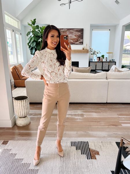 Business casual workwear with white lace top and tan skinny pants for a chic and classic look! I love these pants because they are slightly cropped and perfect for summer workwear. Wearing XS in the top and petite 00 in the bottoms 

#LTKSeasonal #LTKStyleTip #LTKWorkwear