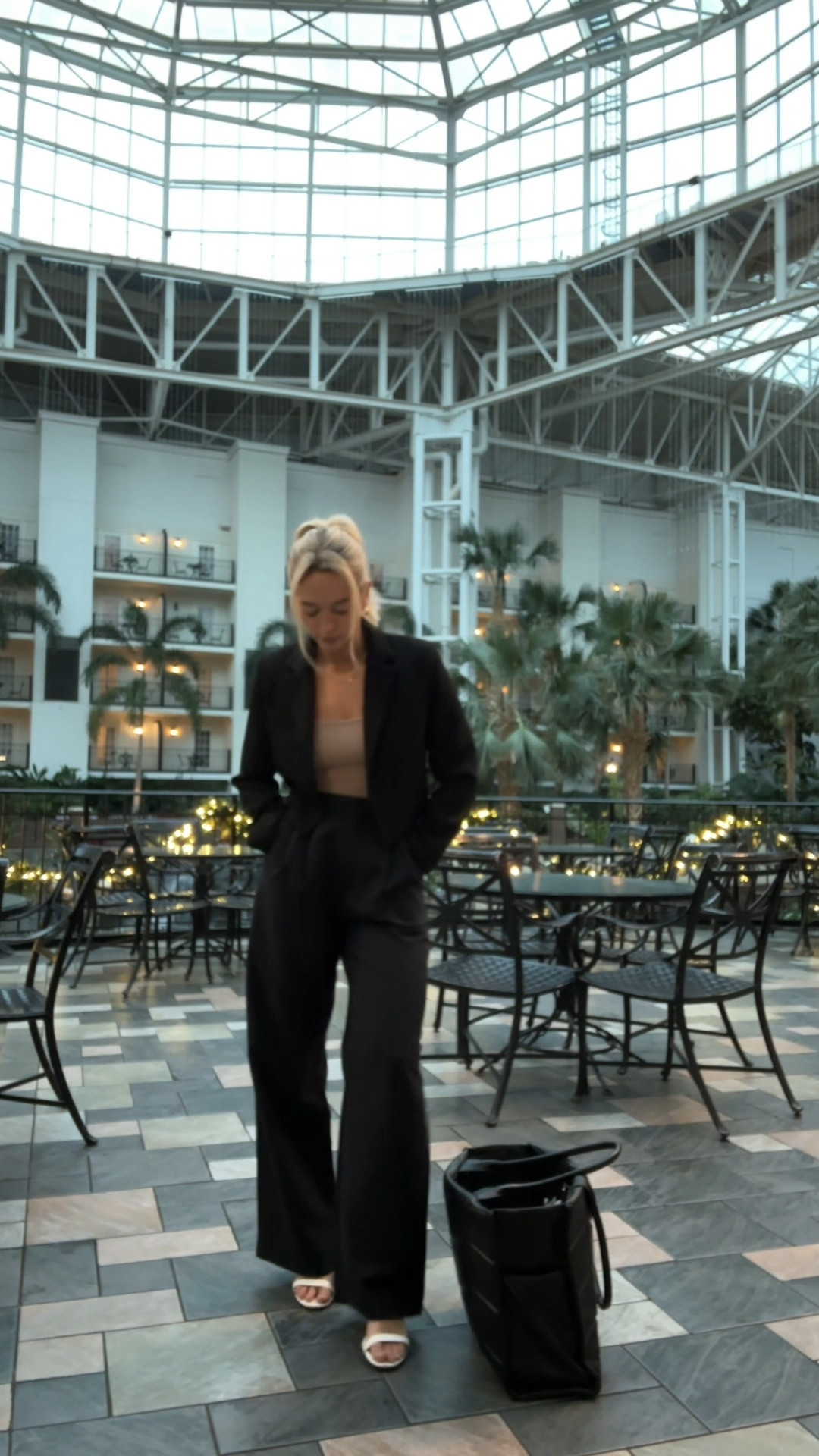 Exact blazer / small, black 
Exact pants / 27, black 
Exact earrings 
Necklace 
Black work tote 