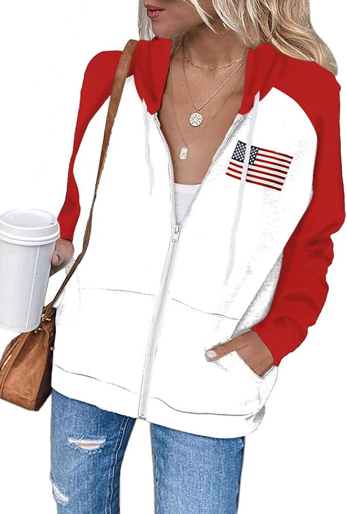 Dressmine Womens Zip Up Hoodie Oversized Usa Sweatshirt Pattern Long Sleeve American Flag Jacket ... | Amazon (US)