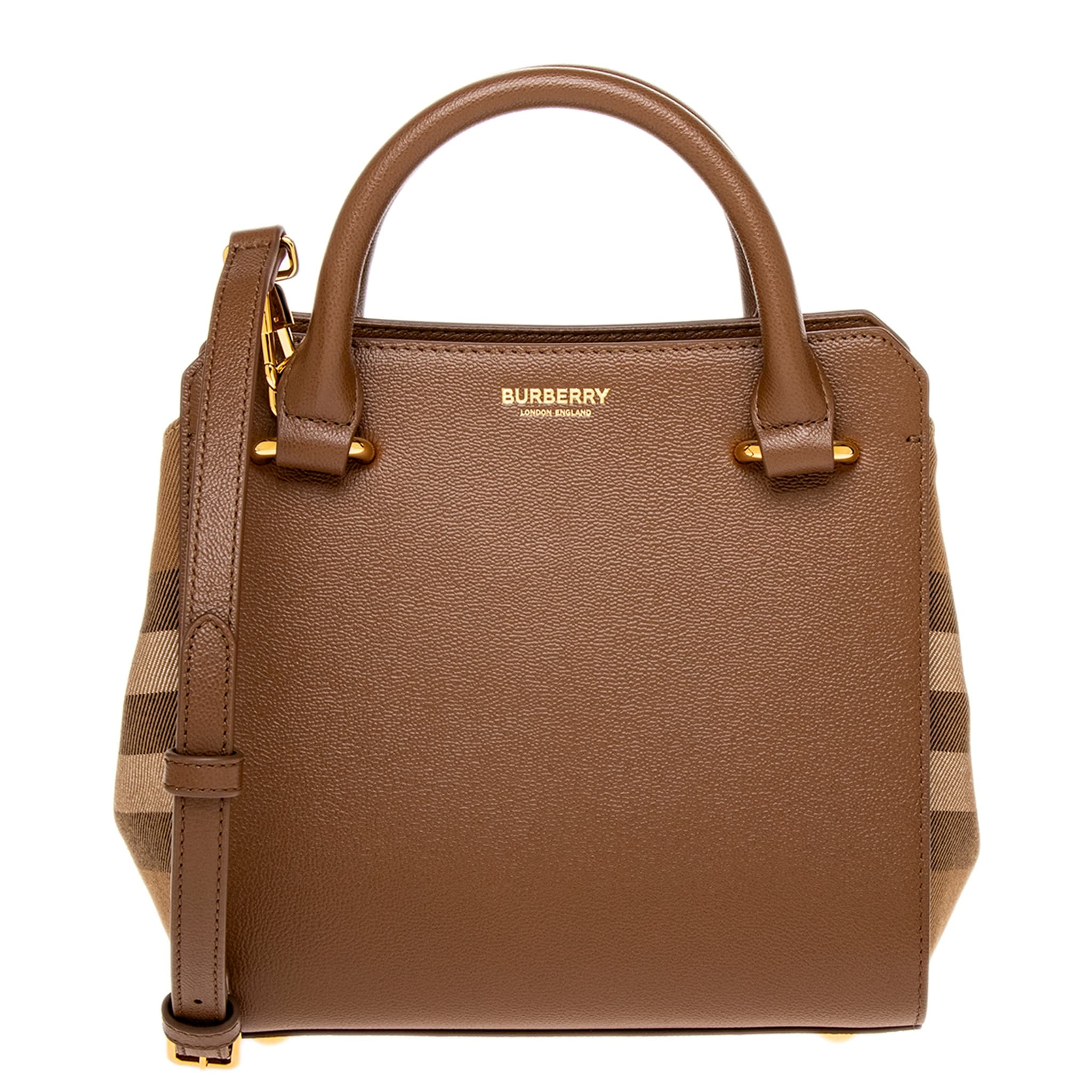 Burberry Mini Banwell House Check and Leather Tote Bag - Earth and Multicolor | Overstock
