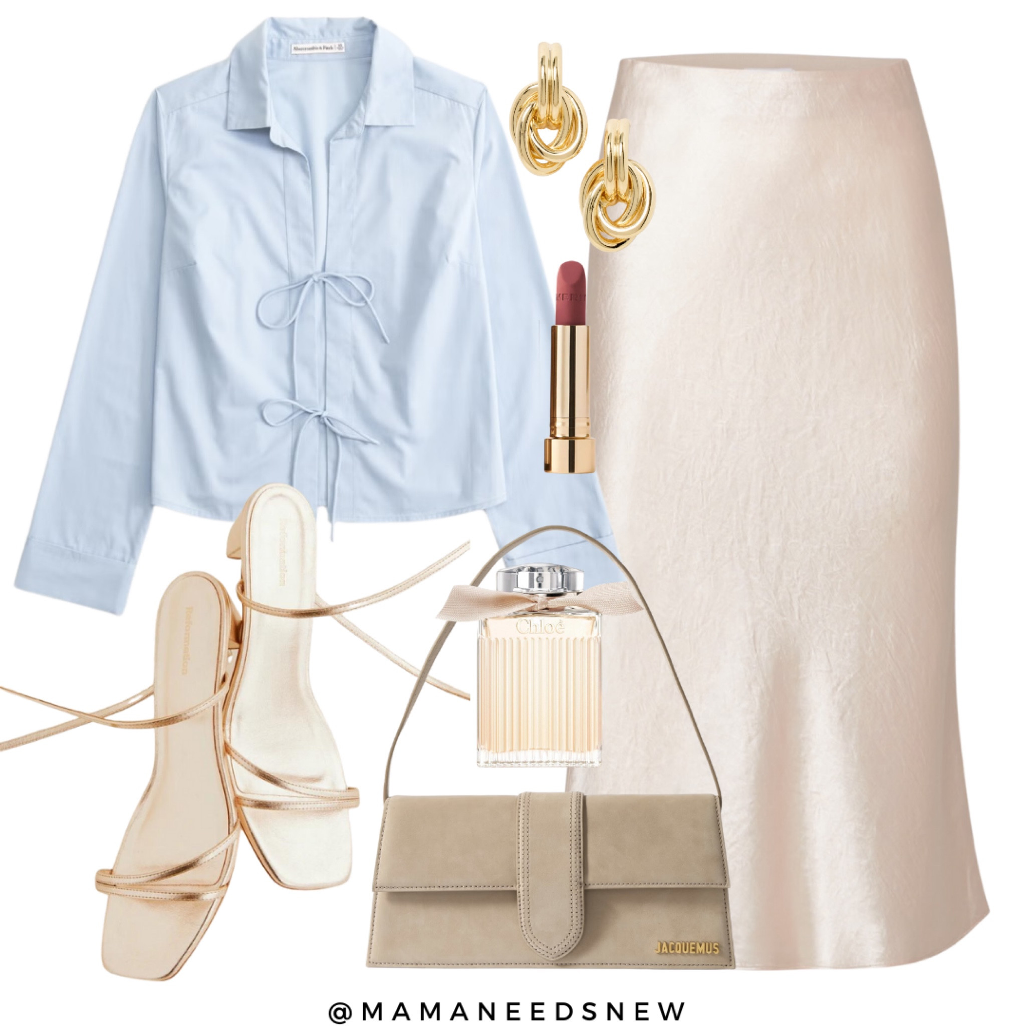 Tie front shirt with satin midi skirt & beige/ gold accessories 

#LTKSaleAlert #LTKFindsUnder100 #LTKSeasonal