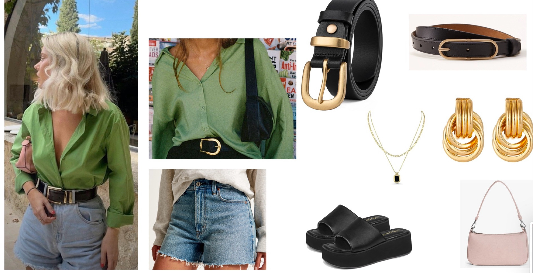 Green long sleeve silk button down paired with jeans shorts and a  black belt + black platform shoes and gold jewelry! Pink purse to add another pop of color! 

#LTKfindsunder100 #LTKstyletip #LTKSeasonal