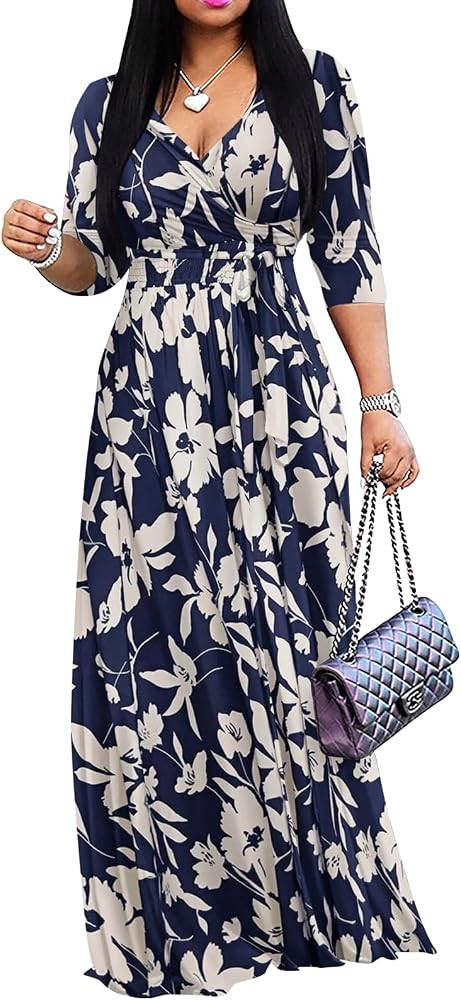 Yajedo Womens Casual Summer Maxi Dress Plus Size Sexy Warp V Neck 3/4 Sleeve Sundress with Poctet... | Amazon (US)