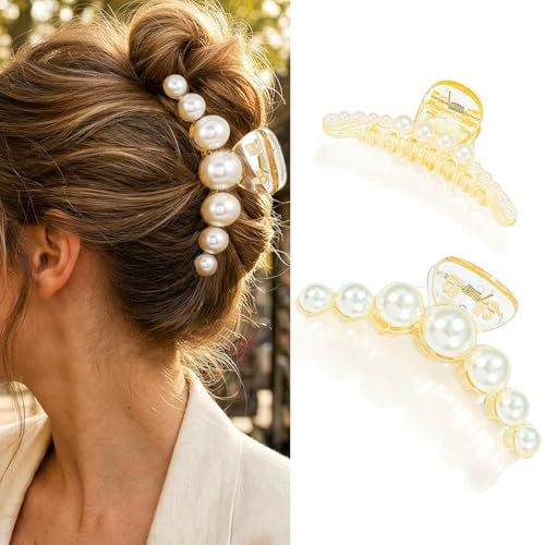 Banatra Pearl Claw Clips Champagne Acrylic Hair Clips Large Medium Hair Claw Pearl Hair Accessories for Women (Pack of 2) | Amazon (US)