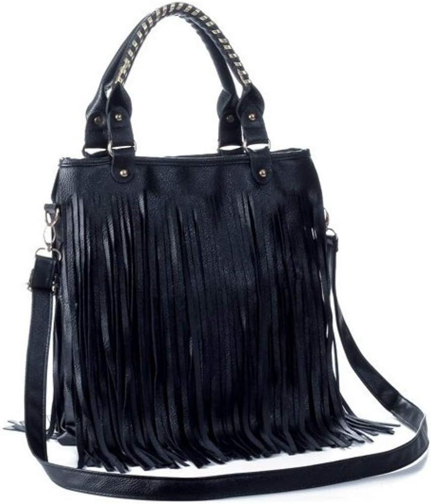 Downupdown Women Tassel Fringe Shoulder bag Big Tote Messenger Handbag Hobo Cross Body Bag (Black... | Amazon (US)