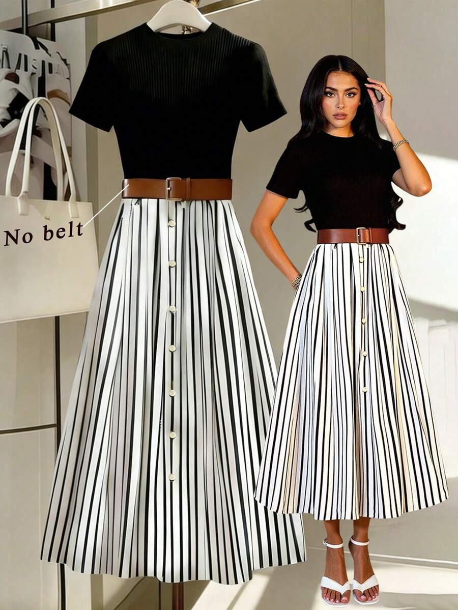 GlowEve CURVE Plus Size Women Elegant Casual Everyday Wear Minimalist New Striped A-Line Short Sl... | SHEIN