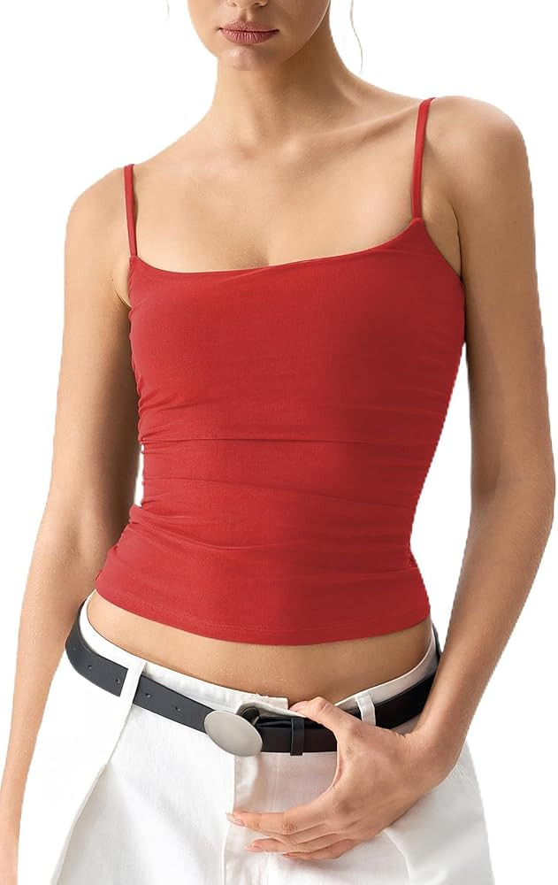 QINSEN Women's Mesh Camisole Tank Top Double Lined Spaghetti Strap Sleeveless Cami Shirts | Amazon (US)