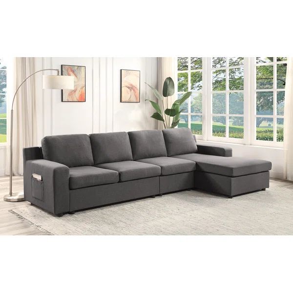 Waylon Gray Linen 4-Seater Sectional Sofa Chaise with Pocket | Wayfair North America