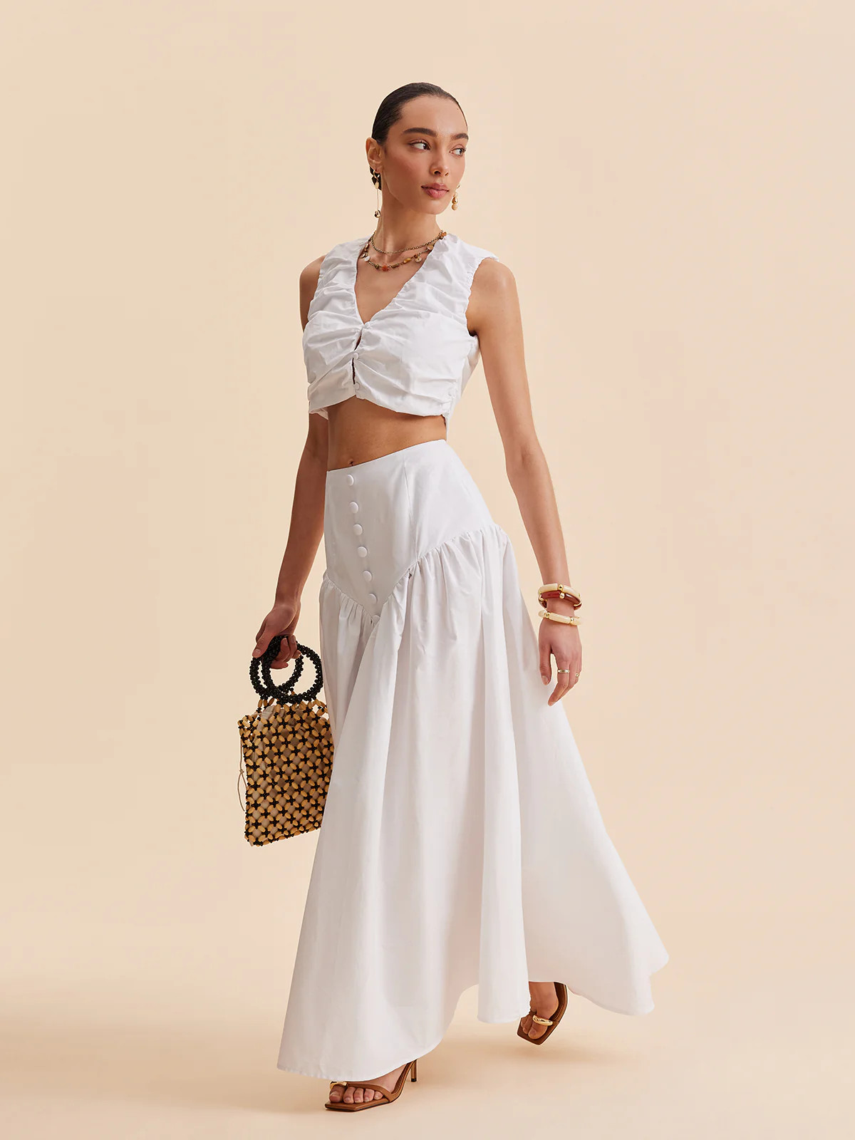 Ruched Crop Top With Buttoned Skirt Set | Commense