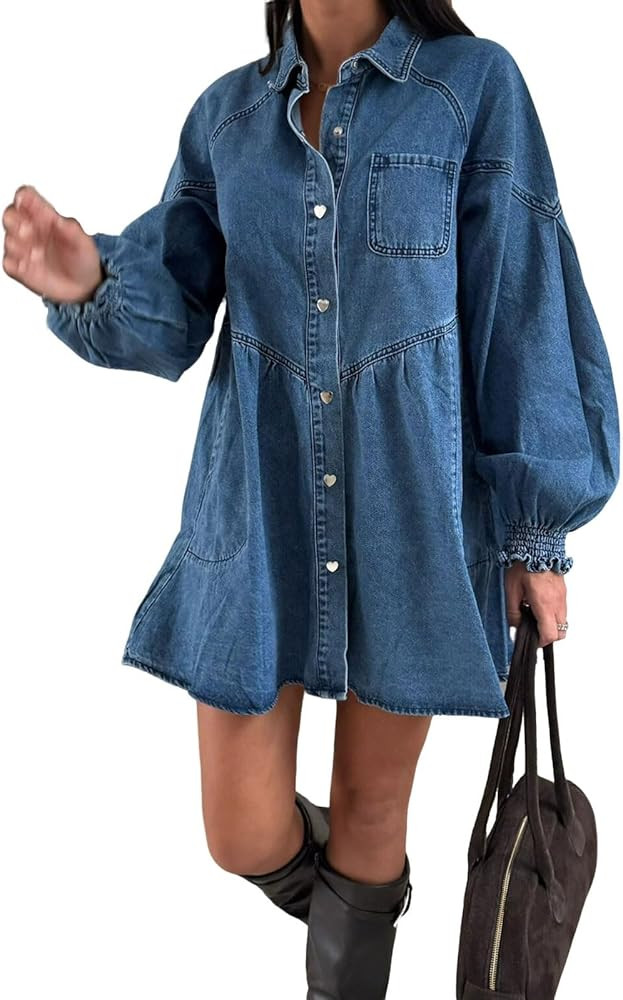utcoco Women's Denim Shirt Dress Long Sleeve Heart Button Oversized Casual Mini Dress with Pocket... | Amazon (US)