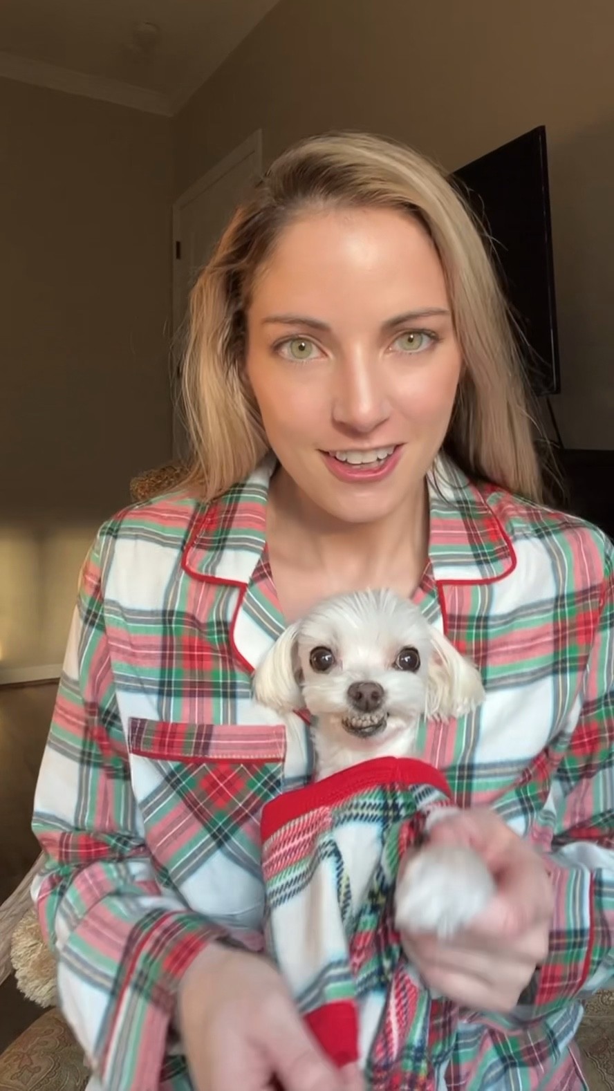 Target holiday pajamas are back in stock. We are wearing the plaid tartan print. Perry is wearing size XS. The dog pajamas seem larger than last year. Her measurements are 13.5" chest and 9" length and 5lbs. I wear size XS and am 5'3 and 110lbs. Matching dog and owner pajamas#LTKHalloween 

#LTKSeasonal #LTKHoliday
