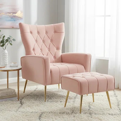 Tufted Wingback Accent Chair with Ottoman, Fabric and Gold Legs | Wayfair North America