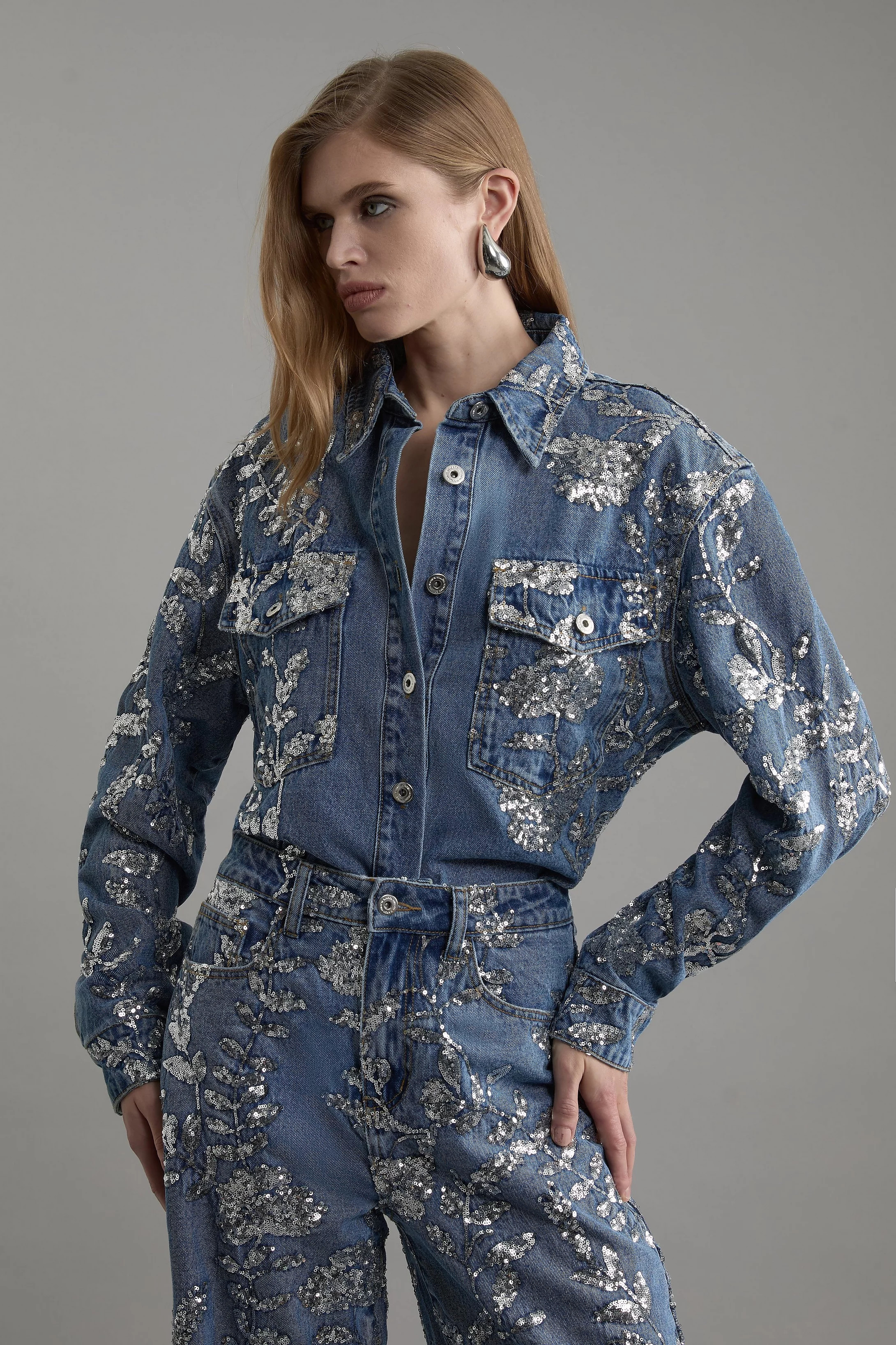 Denim All Over Floral Sequin Jacket | Karen Millen UK + IE + DE + NL