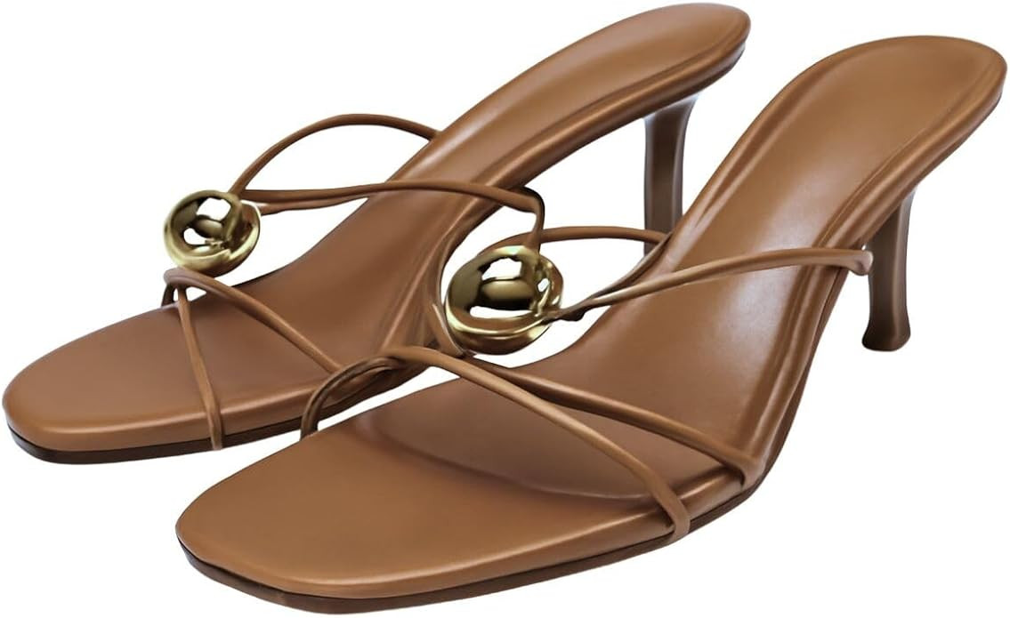 Women's Strappy Sandals Heels Round Open Toe, Thong Slip On Sandals Flip Flops Mid Stiletto Heels... | Amazon (US)