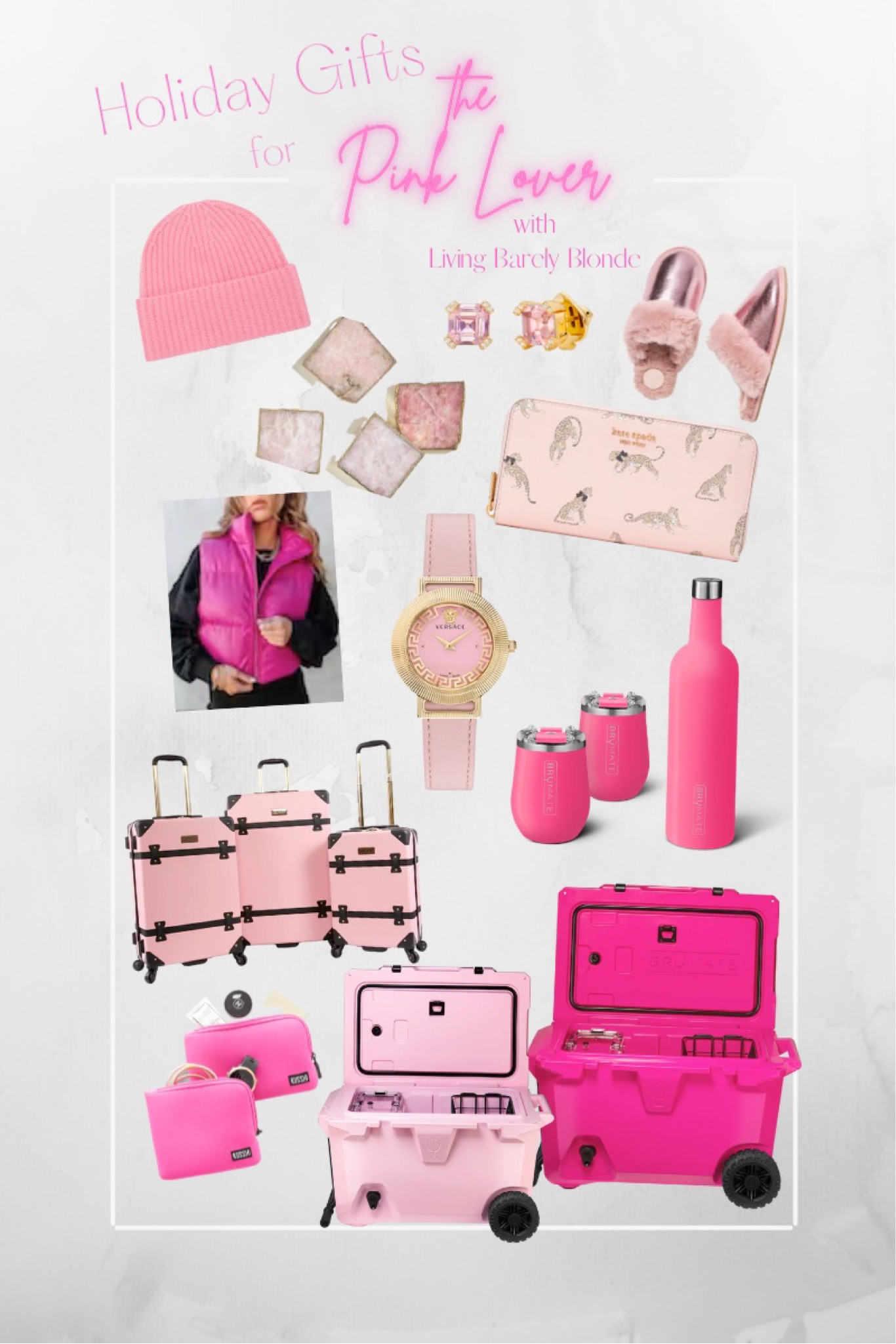Christmas gifts for her. Here are some gift ideas for the Pink Lover in your life💖

🚨= ON SALE right now
🚨Luggage, wine tumblers, pouch set, neon pink cooler, designer watch, candle, ring for champagne, rose quartz eye mask, pink chair, swimsuit for vacation, 🚨light pink cooler, jumpsuit, and 🚨rose solo beats.

www.livingbarelyblonde.com
#toreyst #kristah #barelyblonde #jenniferxerin #stylewithjen

#LTKGiftGuide #LTKSeasonal #LTKfamily