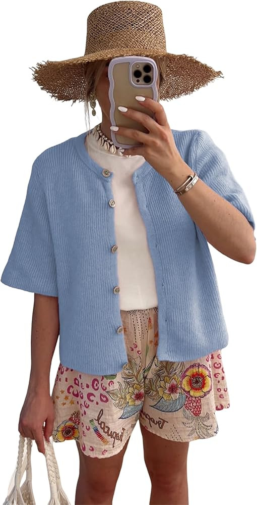 SCUSTY Women's Lightweight Cardigan Short Sleeve Button-Down Summer Cardigan Sweater | Amazon (US)