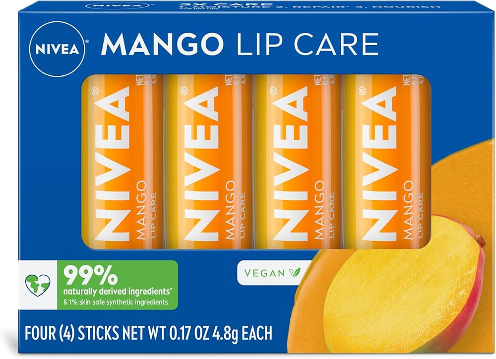 NIVEA Mango Lip Care, Vegan Lip Balm Pack with Shea Butter, Nourishing Oils and Vitamin C & E, 3-... | Amazon (US)