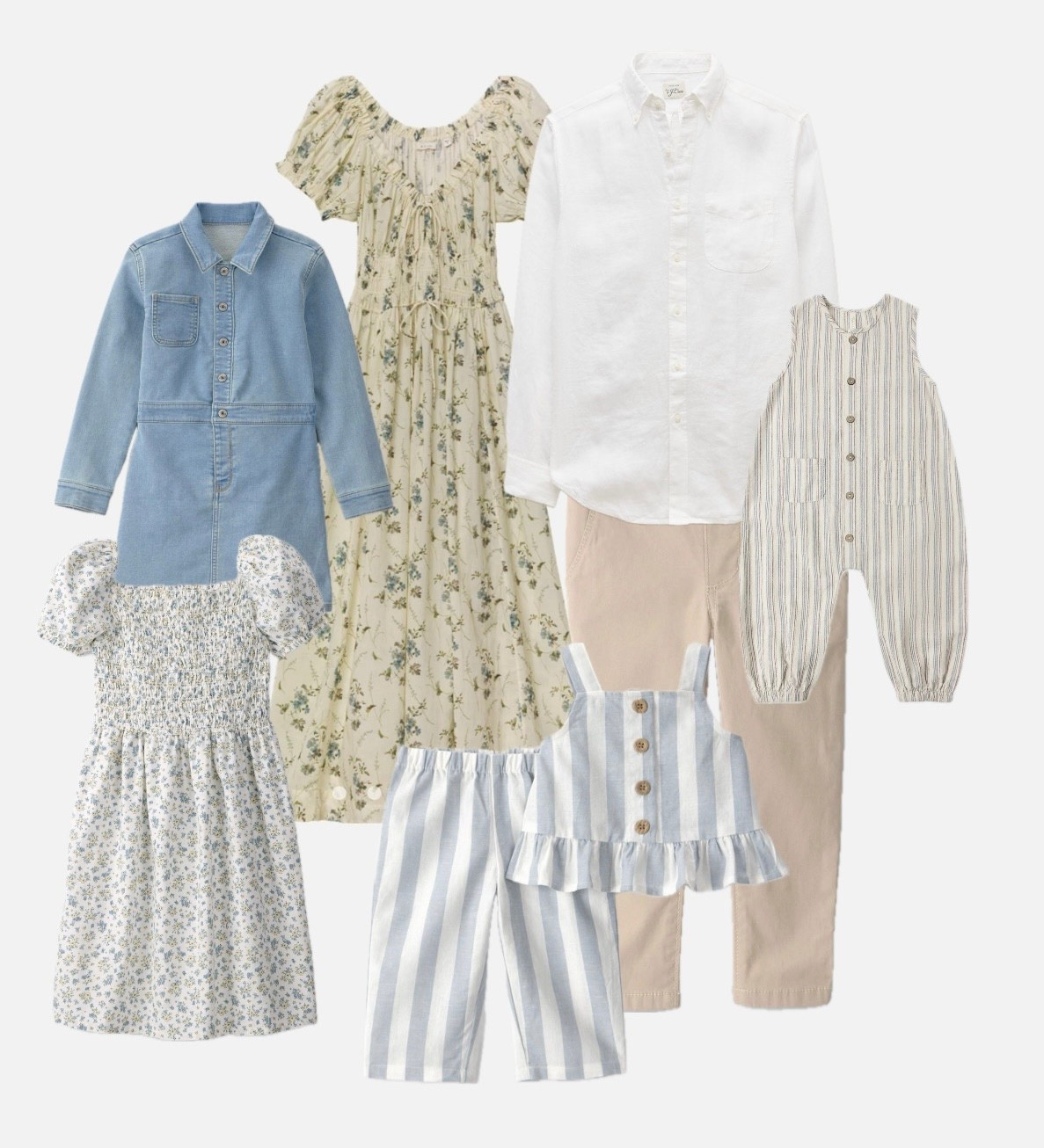 Creams, blues and whites are the perfect color palette for spring or summer family photos. Floral dresses for mom and the girls paired with stripes and classic button downs for the guys. Wear for photos and Easter too.

#LTKmomlife #LTKSeasonal #LTKKids