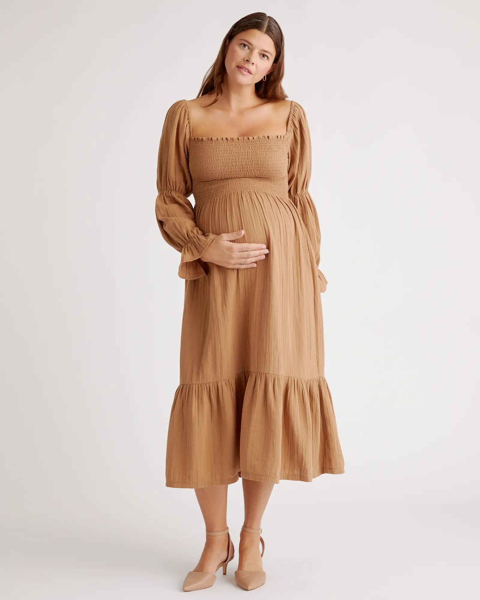 100% Organic Cotton Gauze Maternity Smocked Midi Dress in Toasted Coconut | Quince