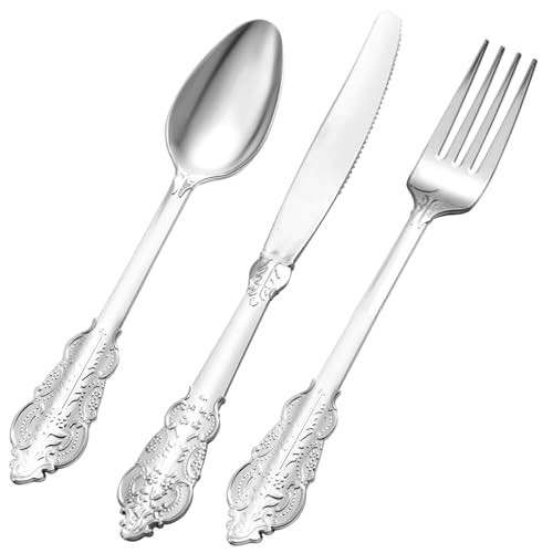 Bestluck 150PCS Silver Plastic Silverware for 50 Guests, Heavy Duty Silver Disposable Utensils Sets, Includes 50 Forks, 50 Spoons, 50 Knives, Elegant Cutlery Perfect for Wedding, Party | Amazon (US)