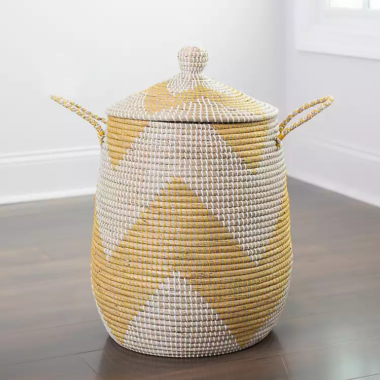 Yellow and White Seagrass Woven Basket | Kirkland's Home