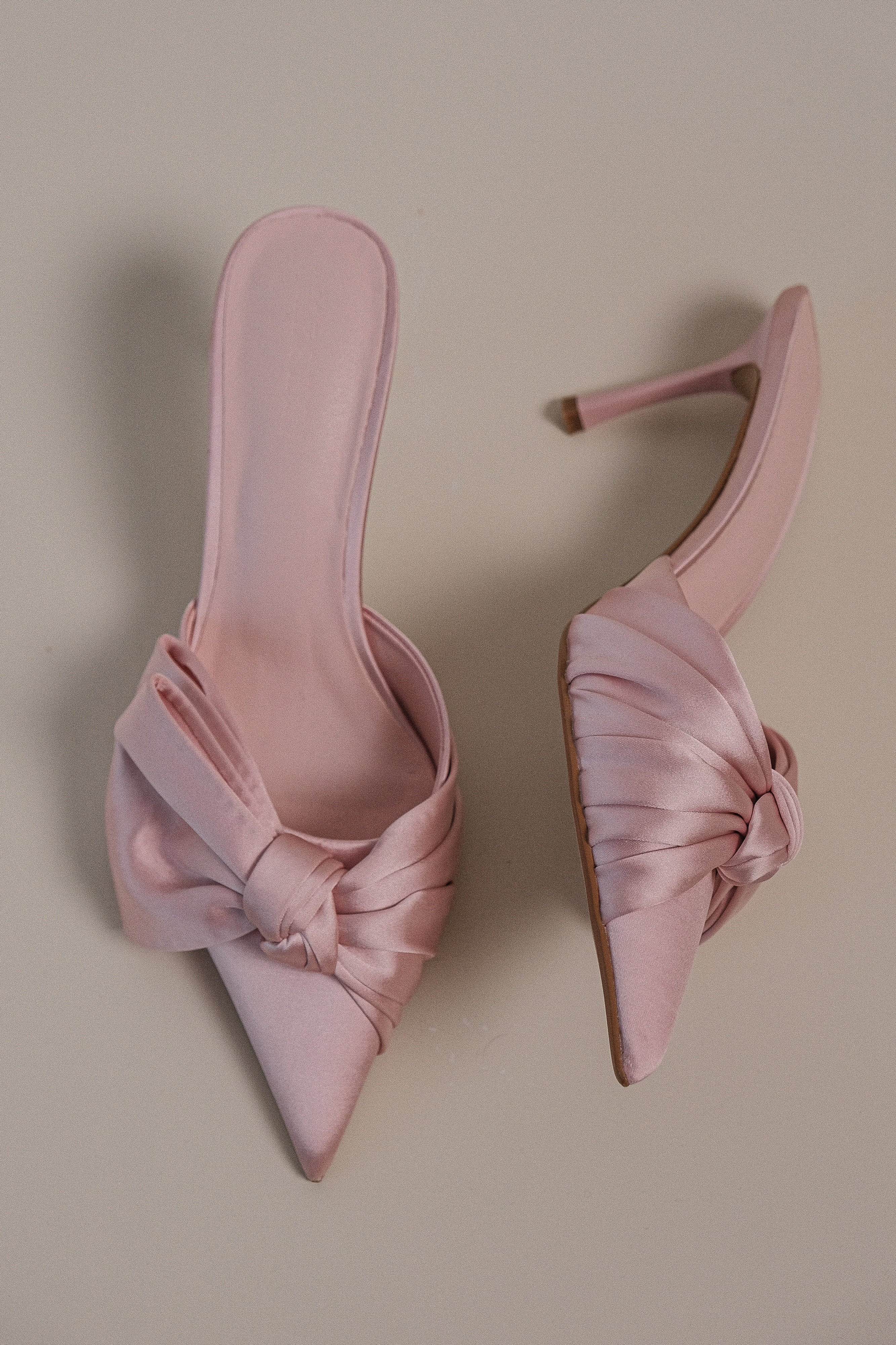 Elena Pointed Satin Bow Heel - Pastel Pink | Meshki (APAC)