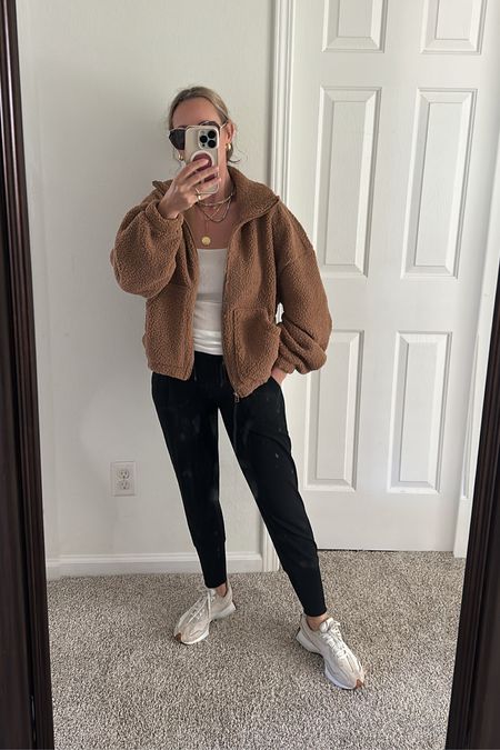 Sherpa jacket season and this one is 30% off joggers and new balance easy casual weekend outfit what to wear to soccer mom style ideas athleisure outfit leggings outfit 