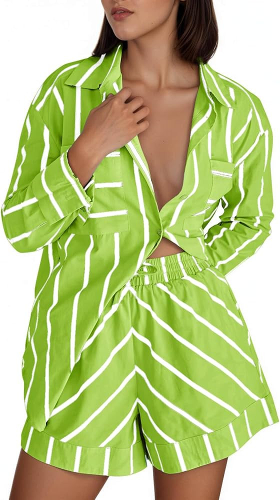 Tankaneo Womens Striped 2 Piece Outfits Button Down Shirts and Shorts Lounge Matching Sets | Amazon (US)