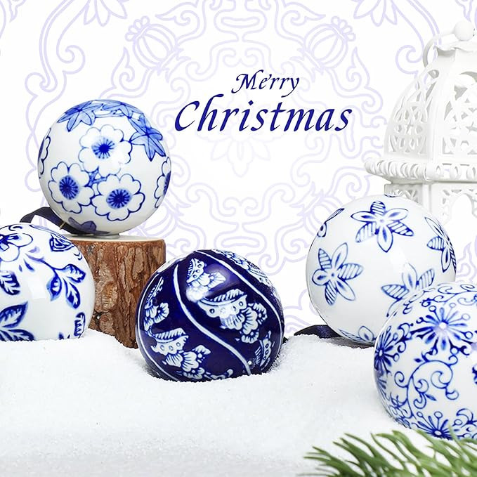 Cindeer 6 Pcs Christmas Porcelain Ornament 2.4 Inch Blue and White Porcelain Chinoiserie Balls Bu... | Amazon (US)