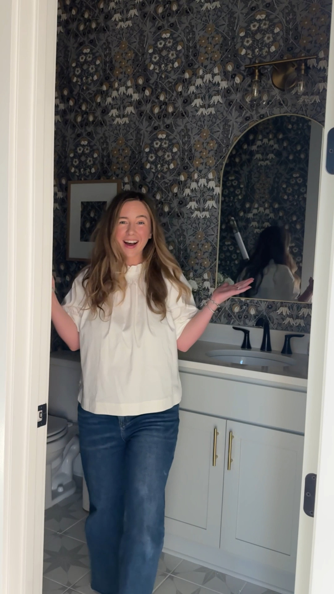 This feels like a completely different room now! @Wayfair has so many beautiful options to refresh your space! If you’re looking to renovate your bathroom or powder room, be sure to check out their gorgeous and affordable options! I still cannot get over this wallpaper! It’s stunning!✨ #ad #wayfair #WayfairPartner 

#LTKSeasonal #LTKHome #LTKSaleAlert