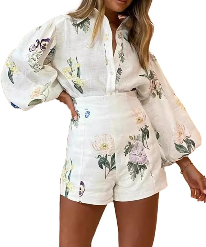 Molilove Womens 2 Piece Outfit Hawaiian Long Sleeve Button Down Shirt Shorts Tracksuit Lounge Set... | Amazon (US)