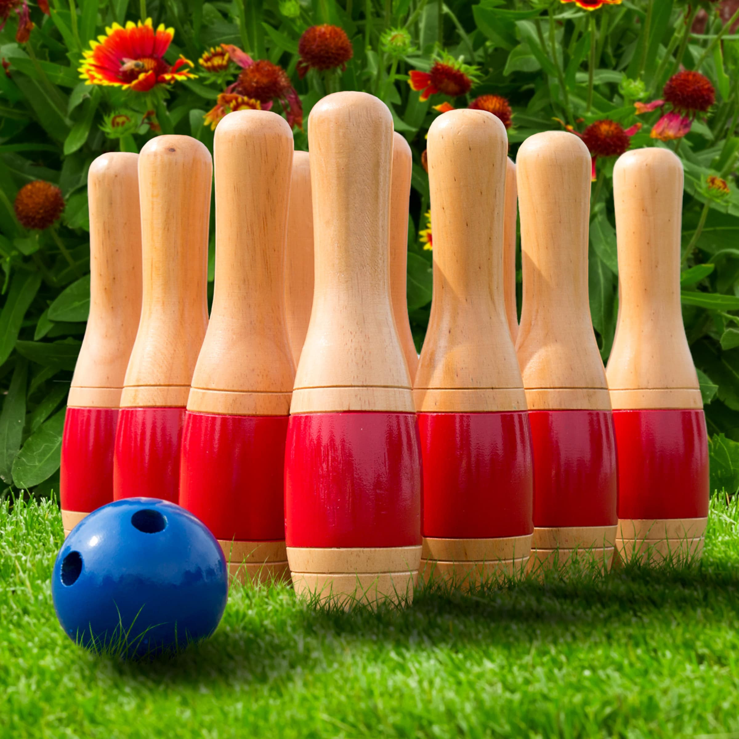 Toy Time Lawn Bowling Game/Skittle Ball- Indoor and Outdoor Fun for Toddlers, Kids, Adults -10 Wooden Pins, 2 Balls, and Mesh Bag Set Outdoor Wood | Lowe's