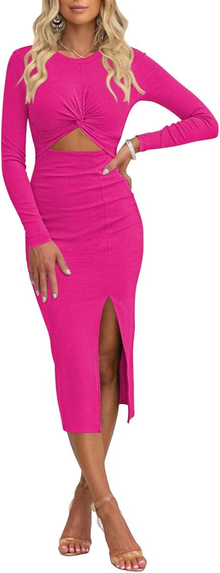 Women's Crew Neck Long Sleeve Midi Dress Cutout Twist Front Bodycon Slit Pencil Ribbed Knit Dress... | Amazon (US)