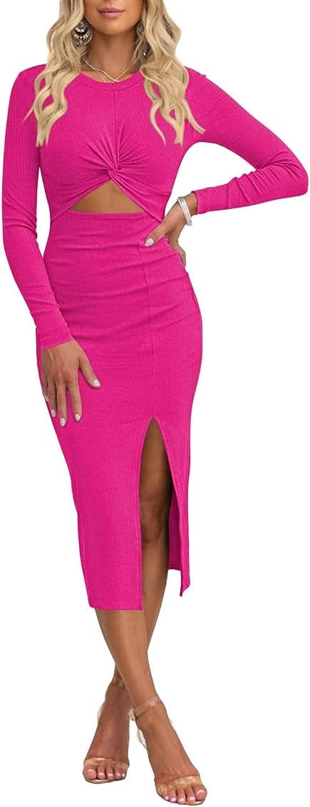 Women's Crew Neck Long Sleeve Midi Dress Cutout Twist Front Bodycon Slit Pencil Ribbed Knit Dress... | Amazon (US)