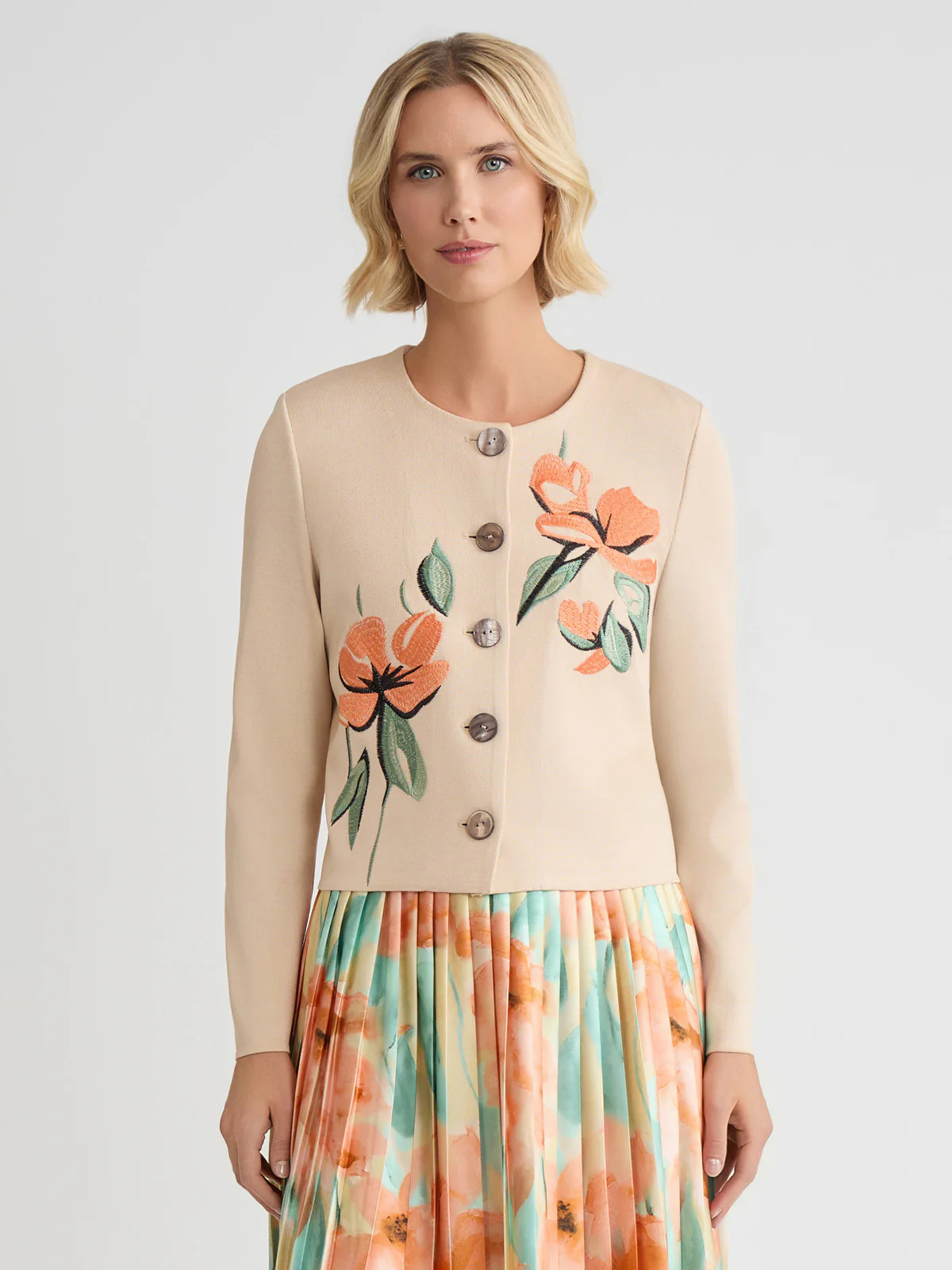 Heritage Floral Embroidered Flat Knit Cardigan | Misook