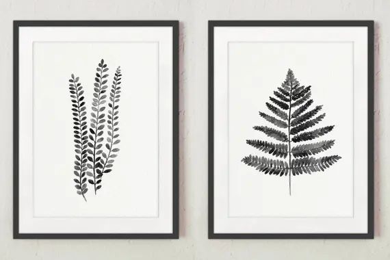 Fern Illustration set 2 Ferns, Black White Grey Watercolour Art Print, Abstract Botanical Charcoal D | Etsy (US)