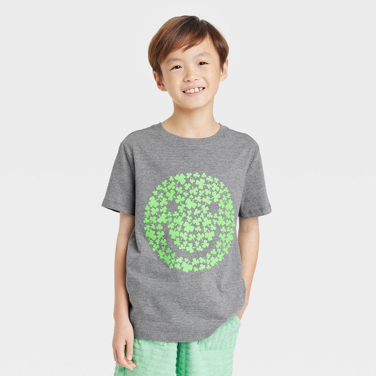 Boys' Short Sleeve St. Patricks' Day Shamrock Smiley Face Graphic T-Shirt - Cat & Jack™ Gray | Target
