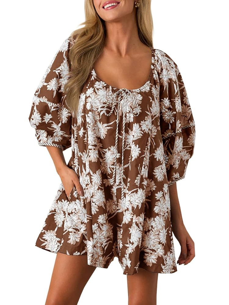 Cicy Bell Womens Summer Floral Romper Loose Scoop Neck Lantern Sleeve Short Jumpsuits Front Tie B... | Amazon (US)