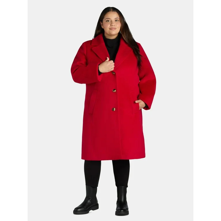 Time and Tru Women's and Women's Plus Faux Wool Solid Button Front Coat, Sizes XS-3X | Walmart (US)