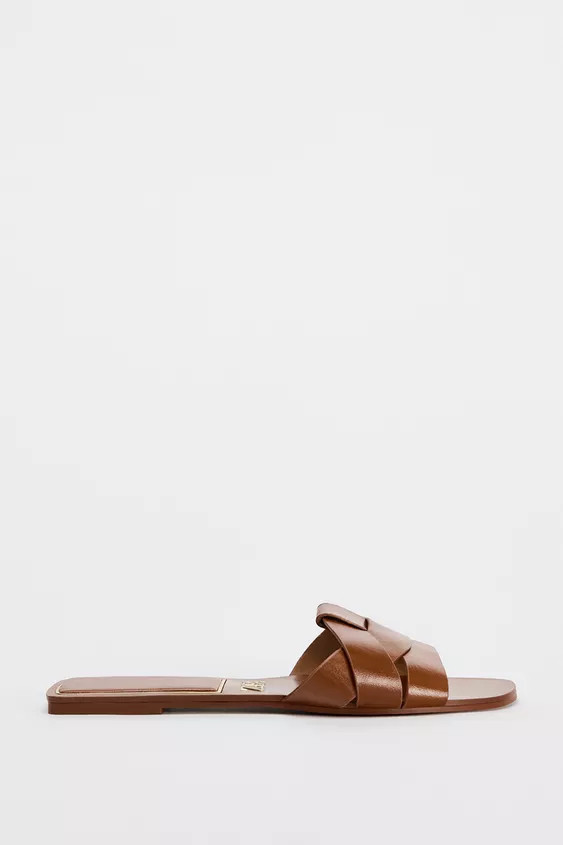 LEATHER FLAT CROSS STRAP SANDALS Brown Gold White | Zara US