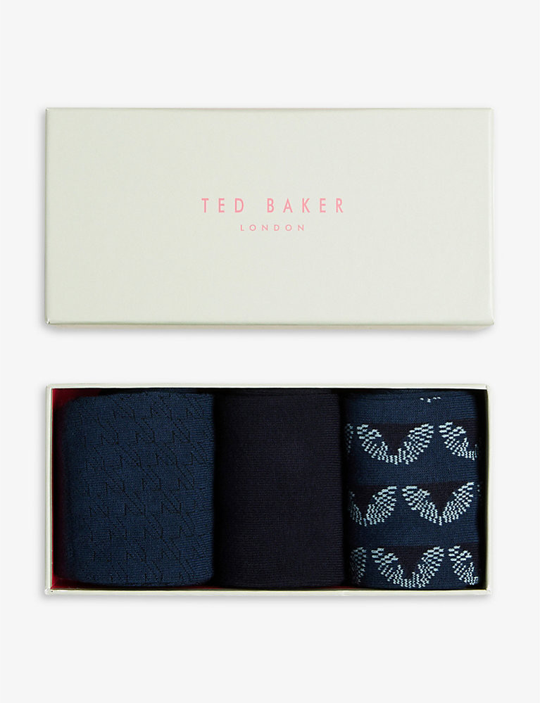 TED BAKER Navypak patterned pack of three stretch-cotton blend socks | Selfridges