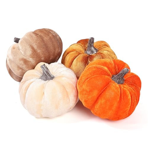 Lcuasc 4pcs Velvet Fake Pumpkins Fall Harvest Fabric Foam Pumpkin Thanksgiving Halloween Decor for Table Centerpiece Wedding Farmhouse (4, Orange Gold Coffee Beige, S) | Amazon (US)